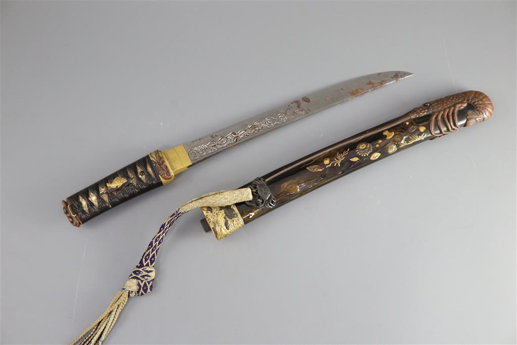 A fine Japanese sea creatures tanto, Meiji period, total length 45.5cm